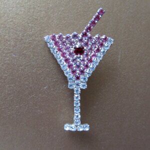 Martini Glass Vintage Pin White Pink Crystal Pin